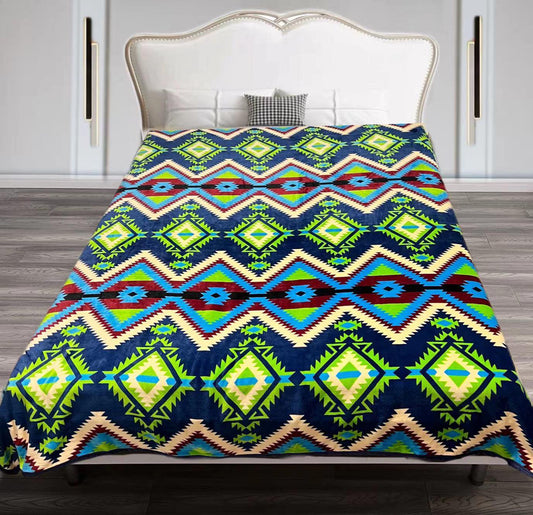 Royal Flannel Blanket - Aztec Green & Blue