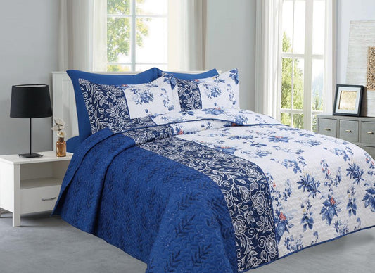 Lillies Navy- 6PCS Quilt Set Reversible Bedspread
