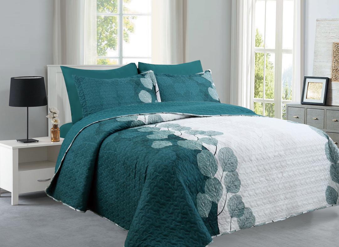 Leaves Teal & White- 6PCS Quilt Set Reversible Bedspread