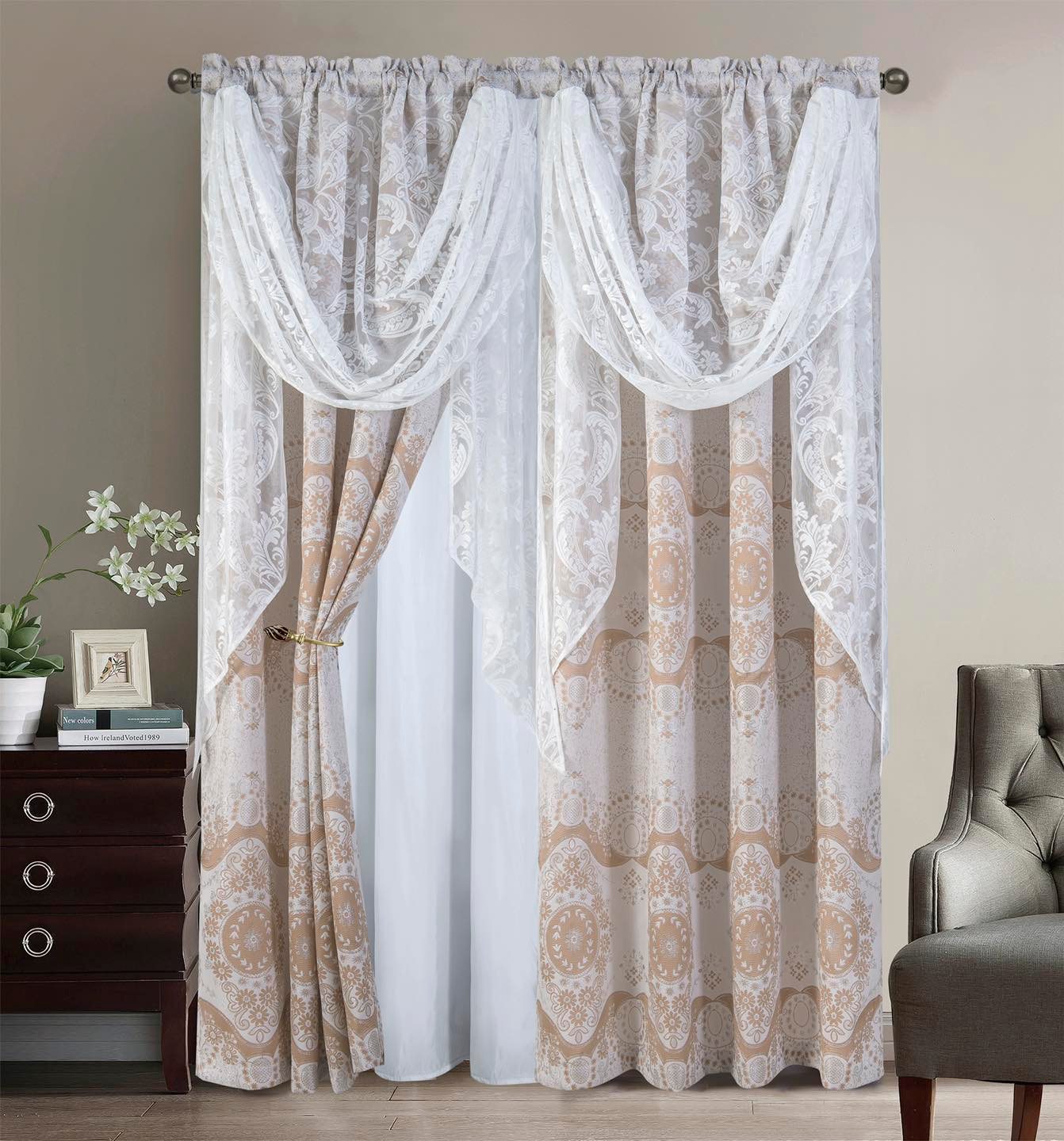 2PC CURTAIN SET W/ ATTACHED VALANCE & BACKING - Michelle