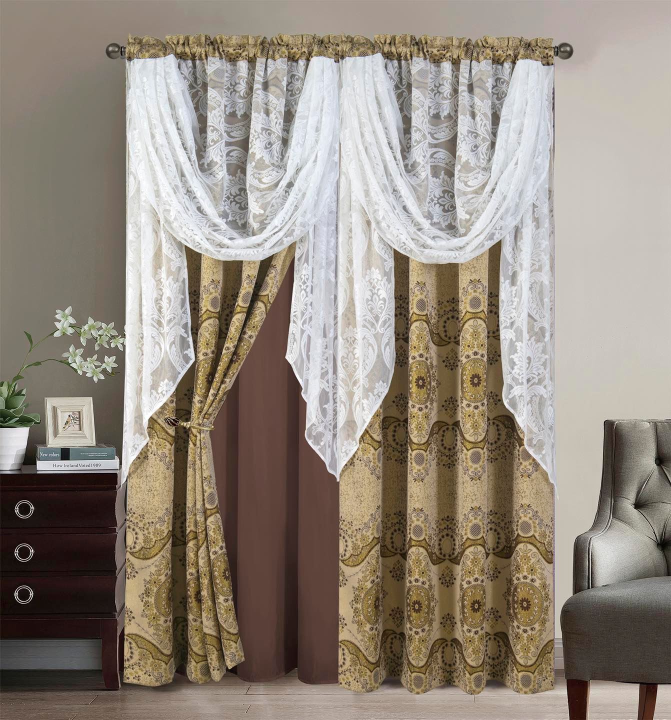 2PC CURTAIN SET W/ ATTACHED VALANCE & BACKING - Michelle