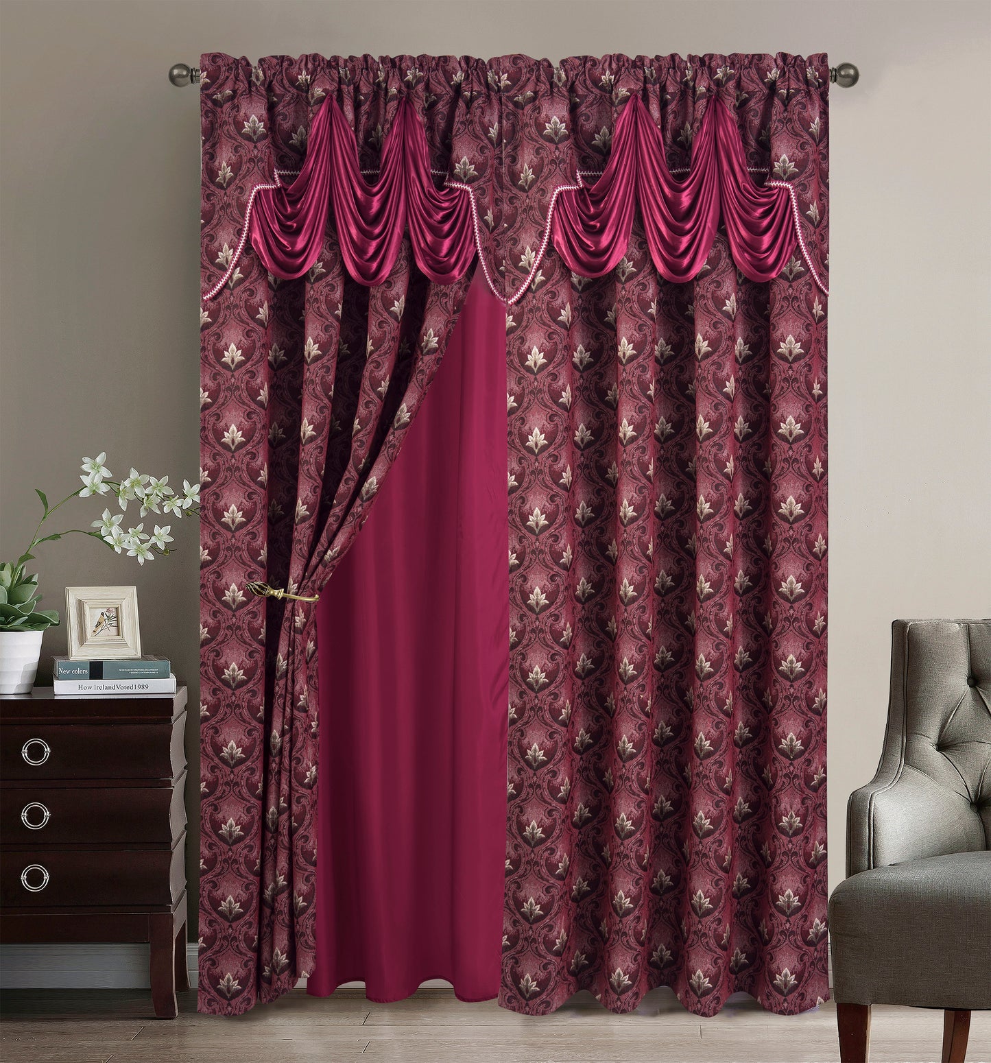 2PC CURTAIN SET W/ ATTACHED VALANCE & BACKING - Olga