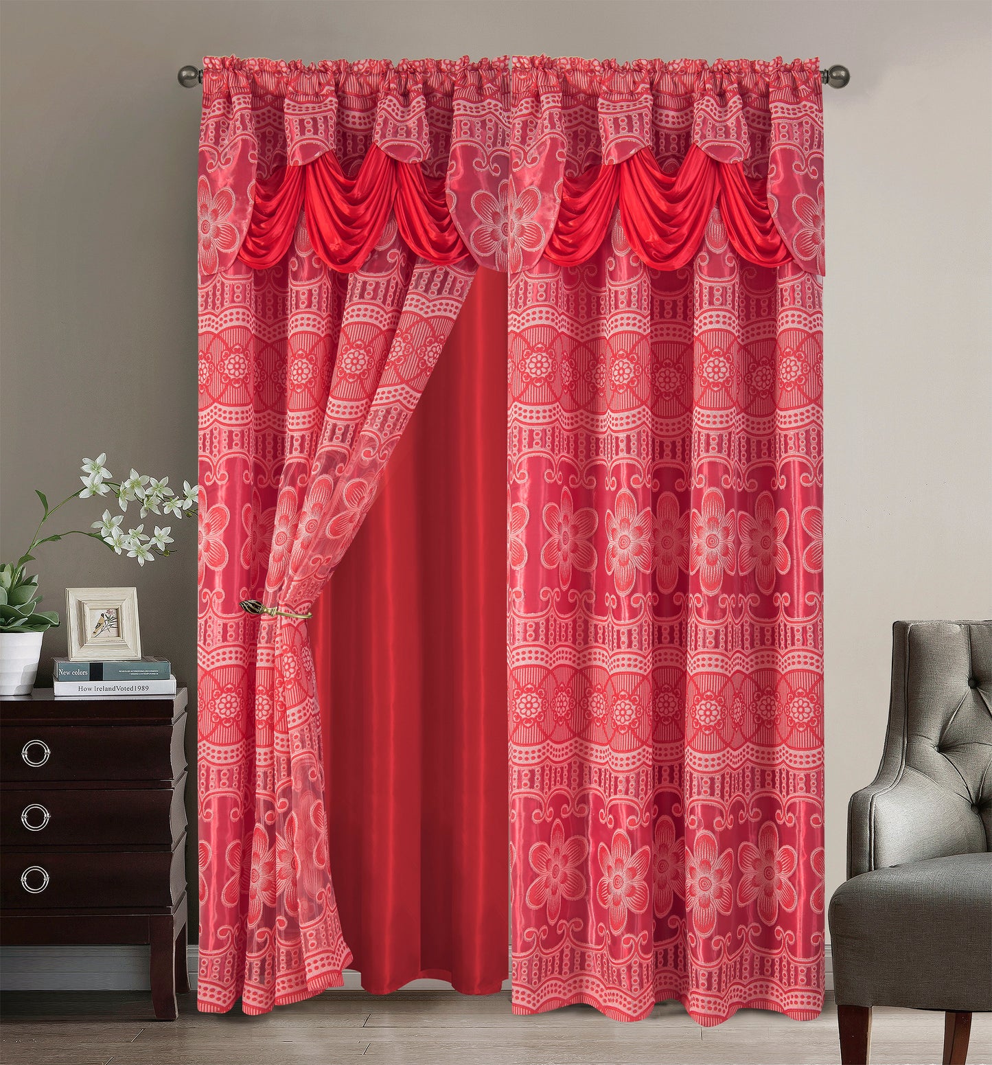 2PC CURTAIN SET W/ ATTACHED VALANCE & BACKING - Samantha