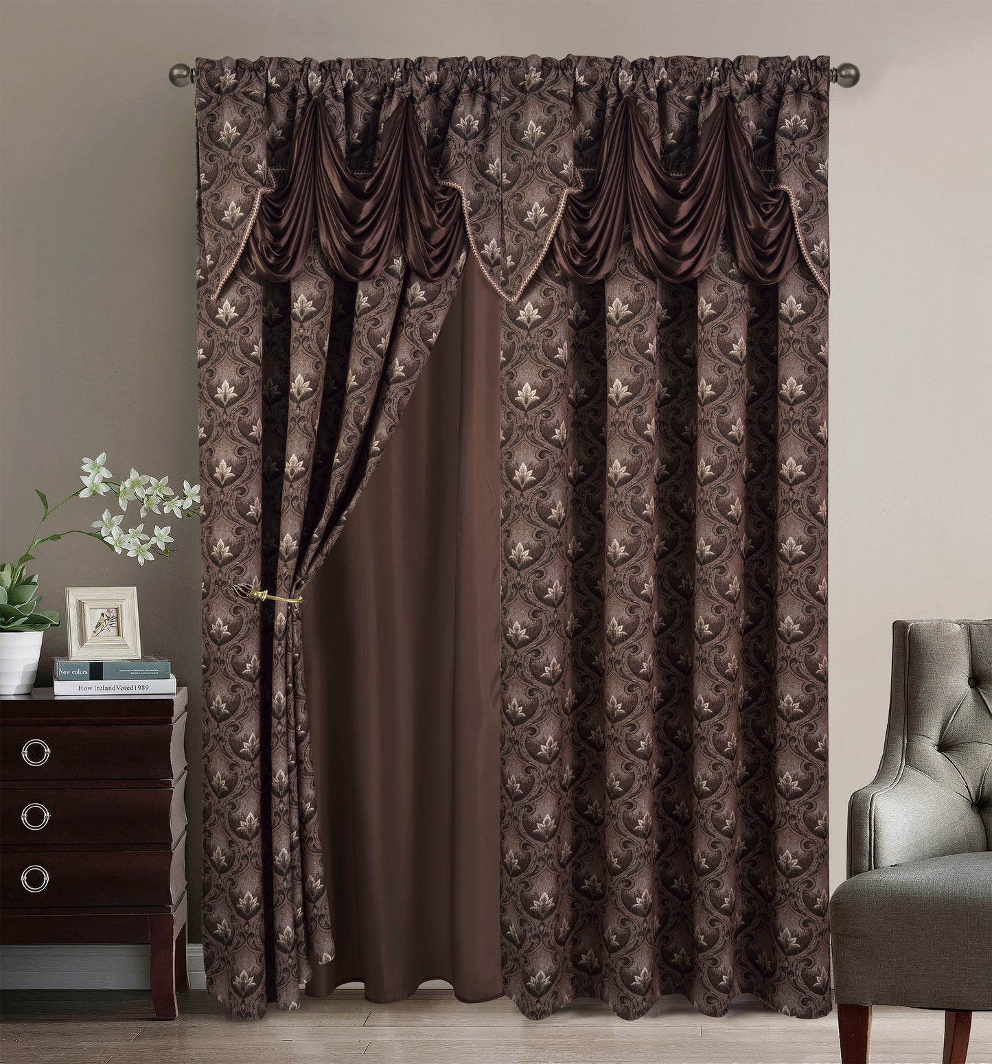 2PC CURTAIN SET W/ ATTACHED VALANCE & BACKING - Olga