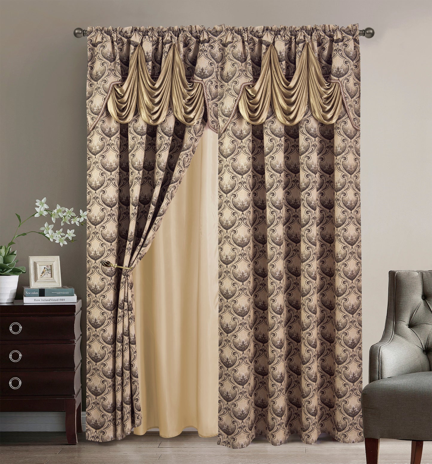 2PC CURTAIN SET W/ ATTACHED VALANCE & BACKING - Olga