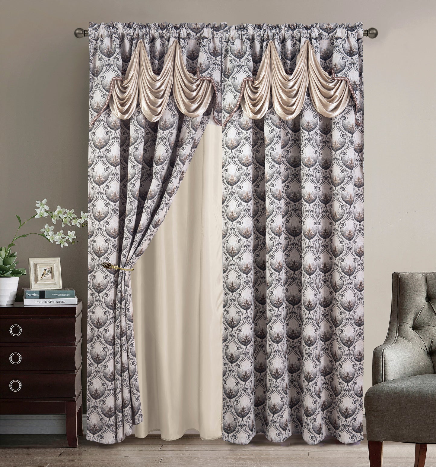 2PC CURTAIN SET W/ ATTACHED VALANCE & BACKING - Olga