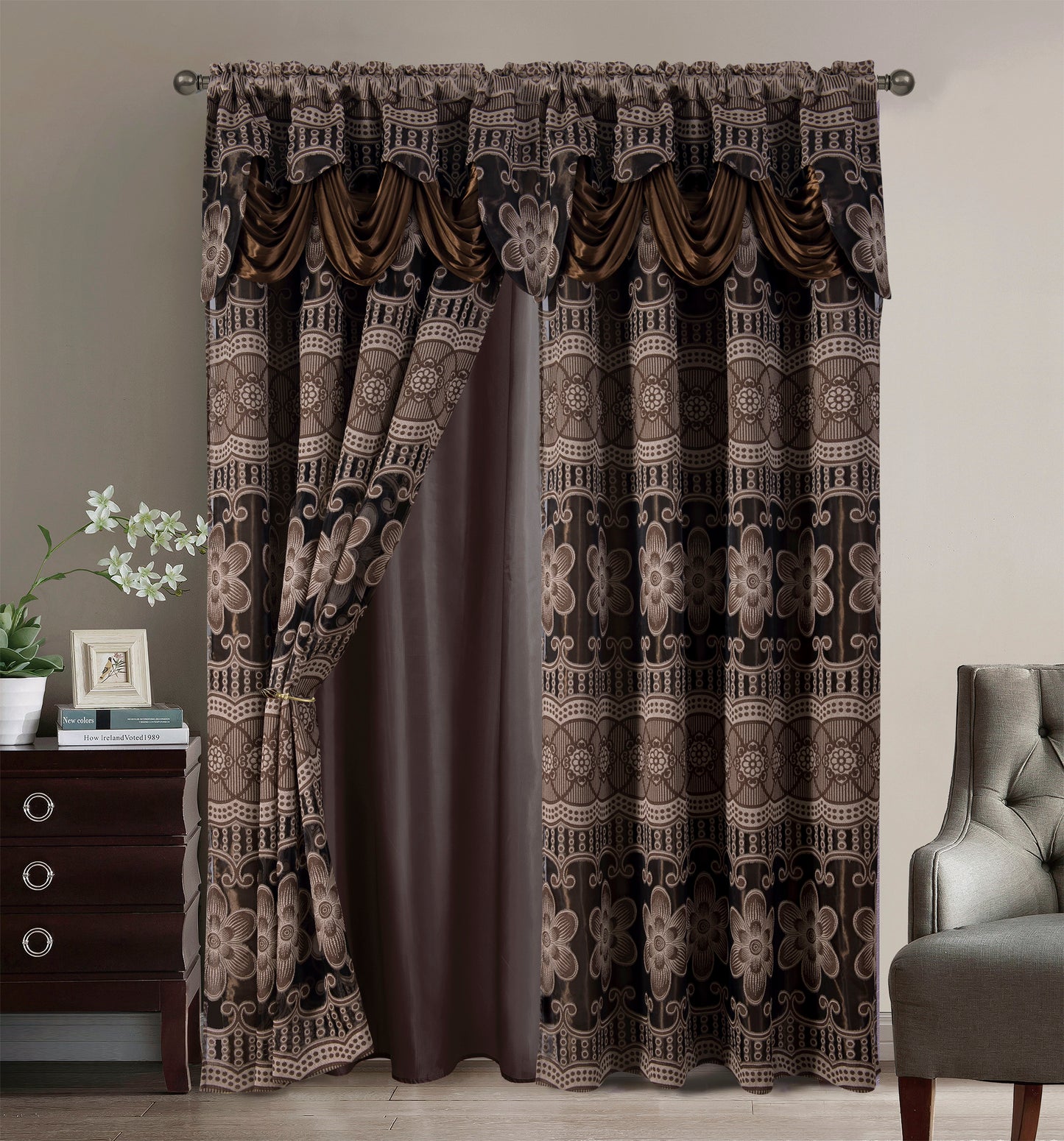 2PC CURTAIN SET W/ ATTACHED VALANCE & BACKING - Samantha