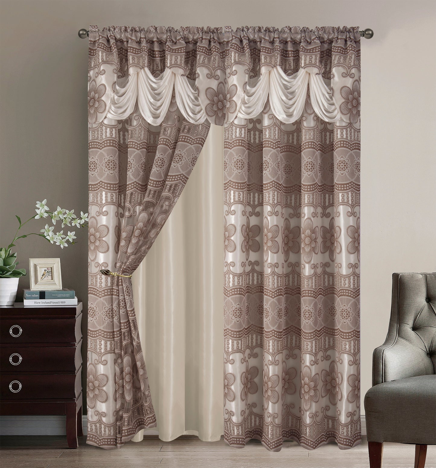 2PC CURTAIN SET W/ ATTACHED VALANCE & BACKING - Samantha