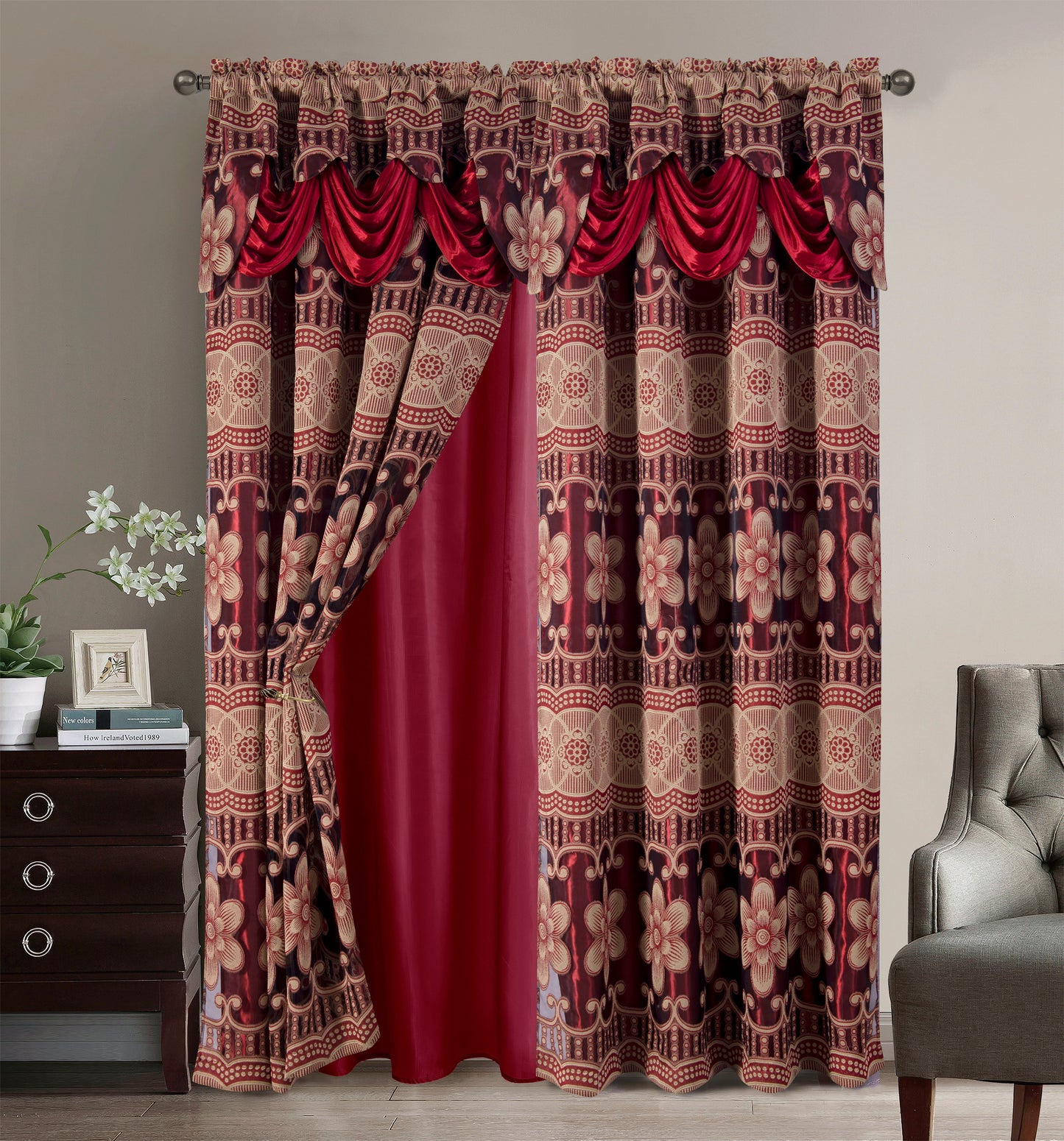 2PC CURTAIN SET W/ ATTACHED VALANCE & BACKING - Samantha