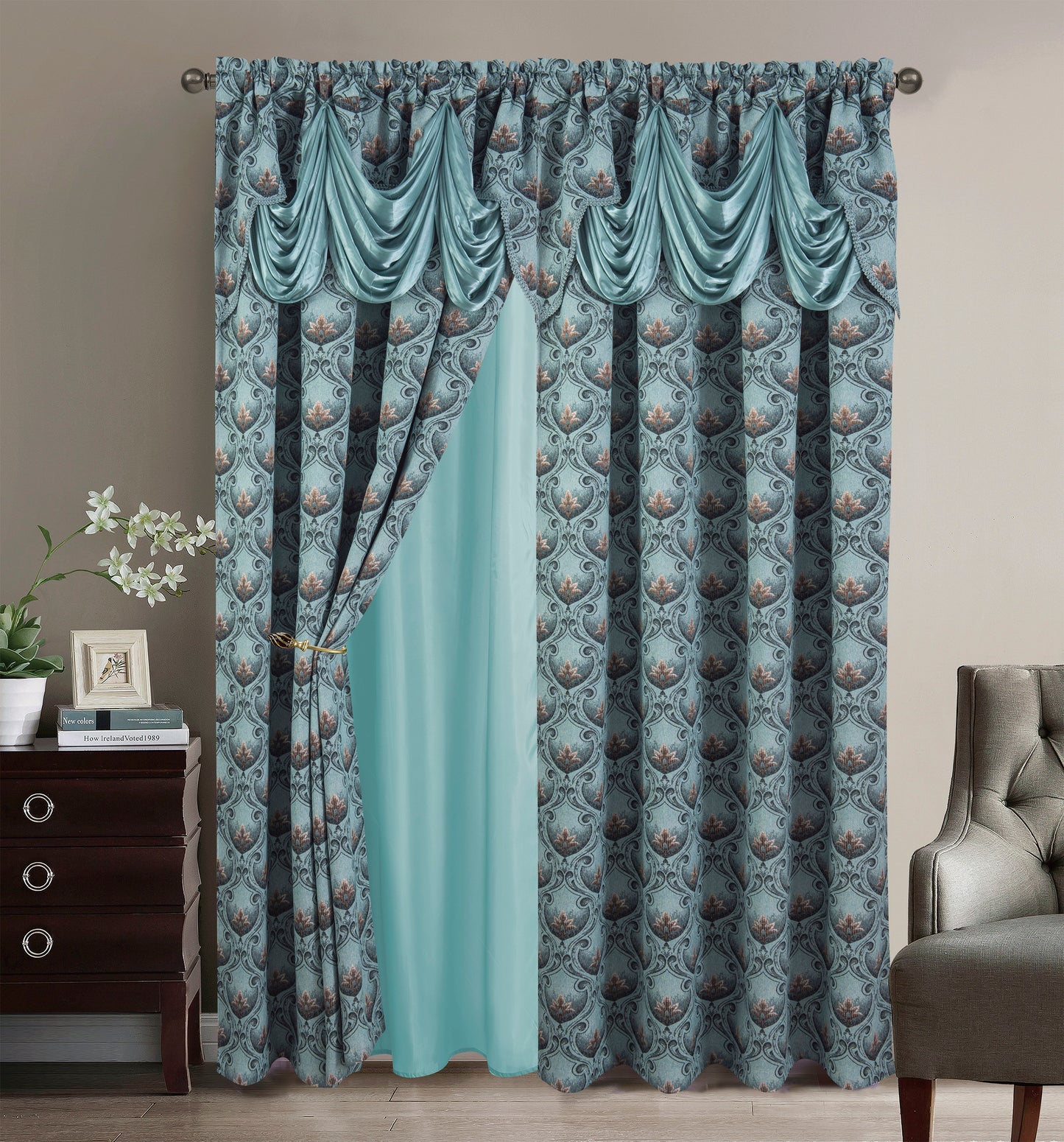 2PC CURTAIN SET W/ ATTACHED VALANCE & BACKING - Olga