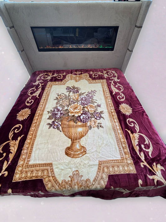 BM108 Solaron Blanket Korean Mink - Flower Bouquet Burgundy