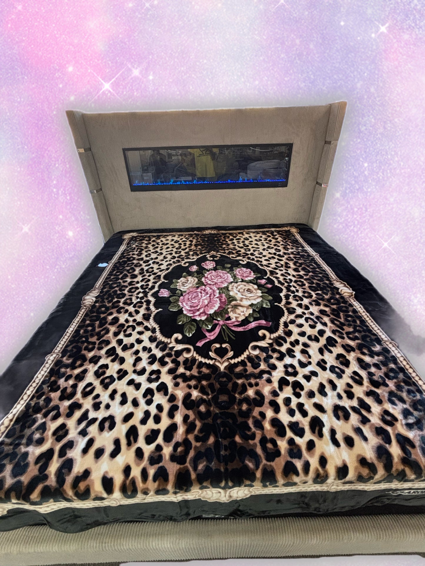 BM109 Solaron Blanket Korean Mink - Floral Bouquet Leopard Print Black