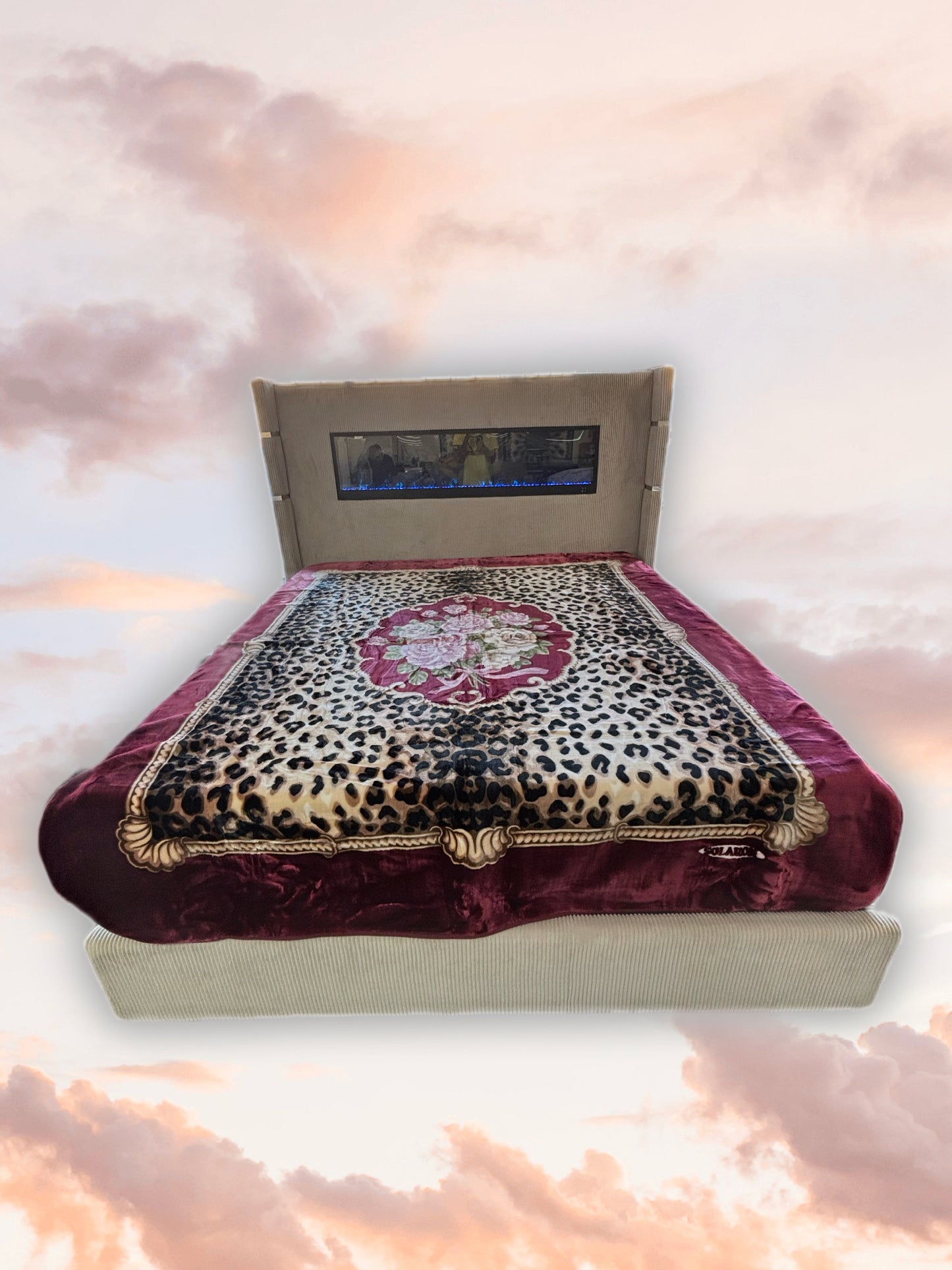 BM109 Solaron Blanket Korean Mink - Floral Bouquet Leopard Print Burgundy