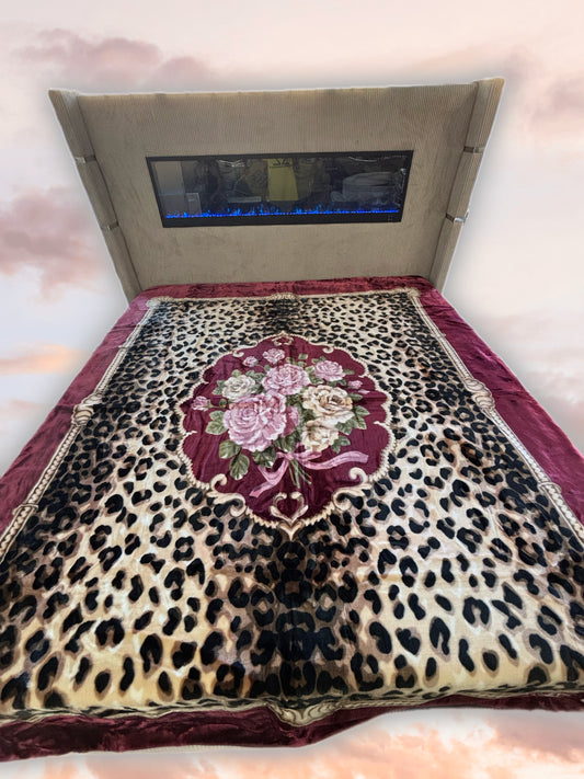 BM109 Solaron Blanket Korean Mink - Floral Bouquet Leopard Print Burgundy