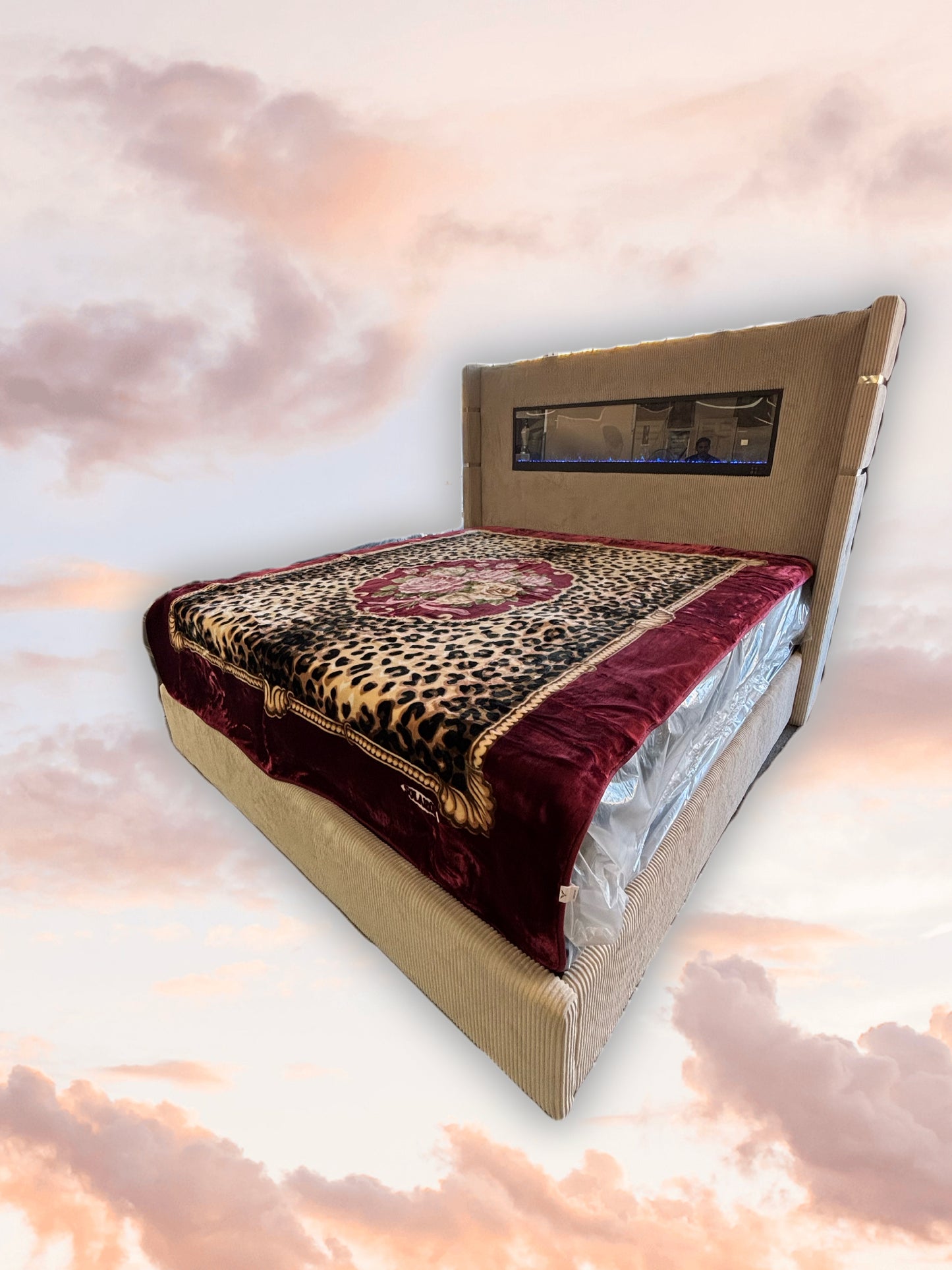 BM109 Solaron Blanket Korean Mink - Floral Bouquet Leopard Print Burgundy