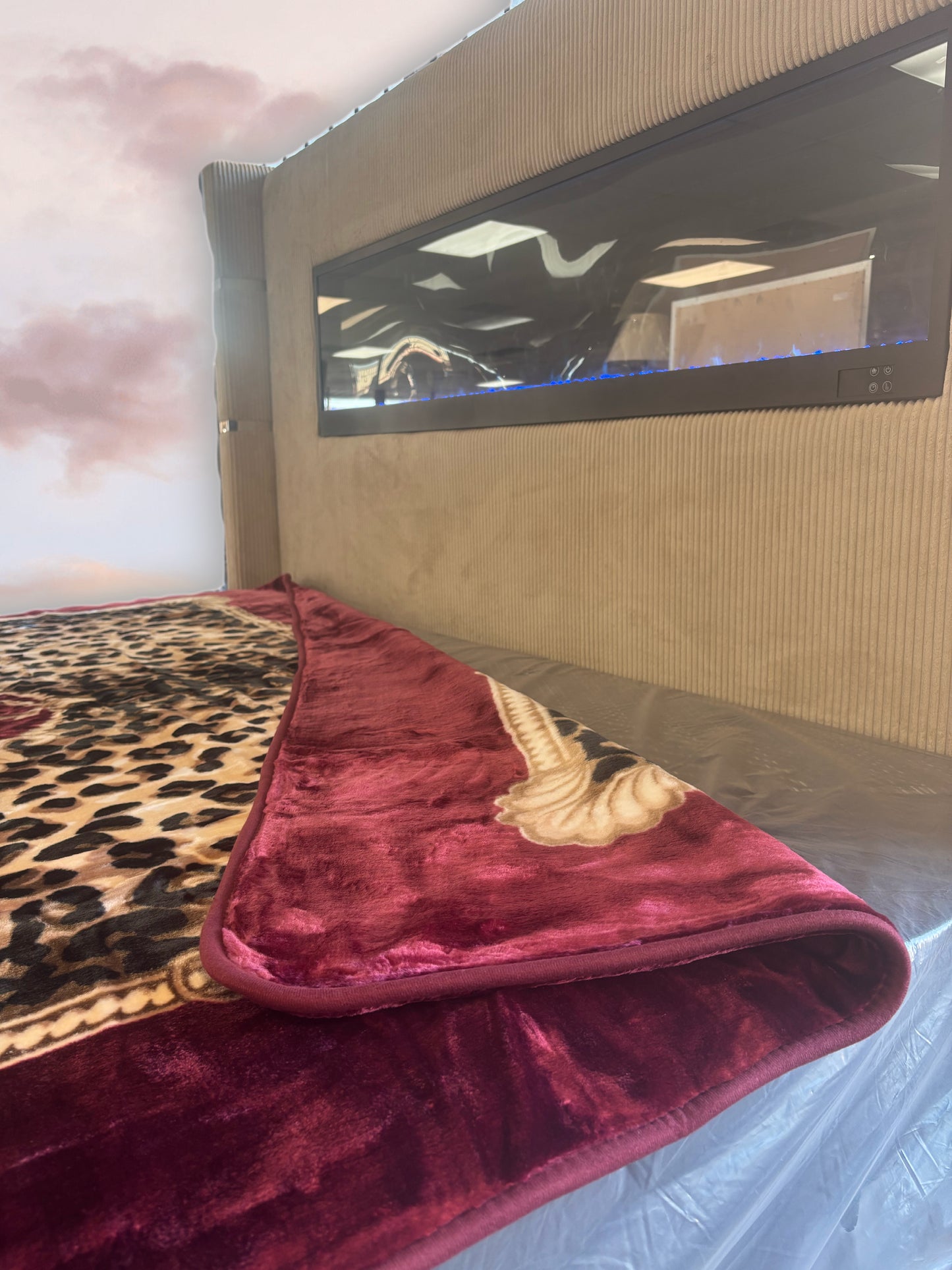 BM109 Solaron Blanket Korean Mink - Floral Bouquet Leopard Print Burgundy