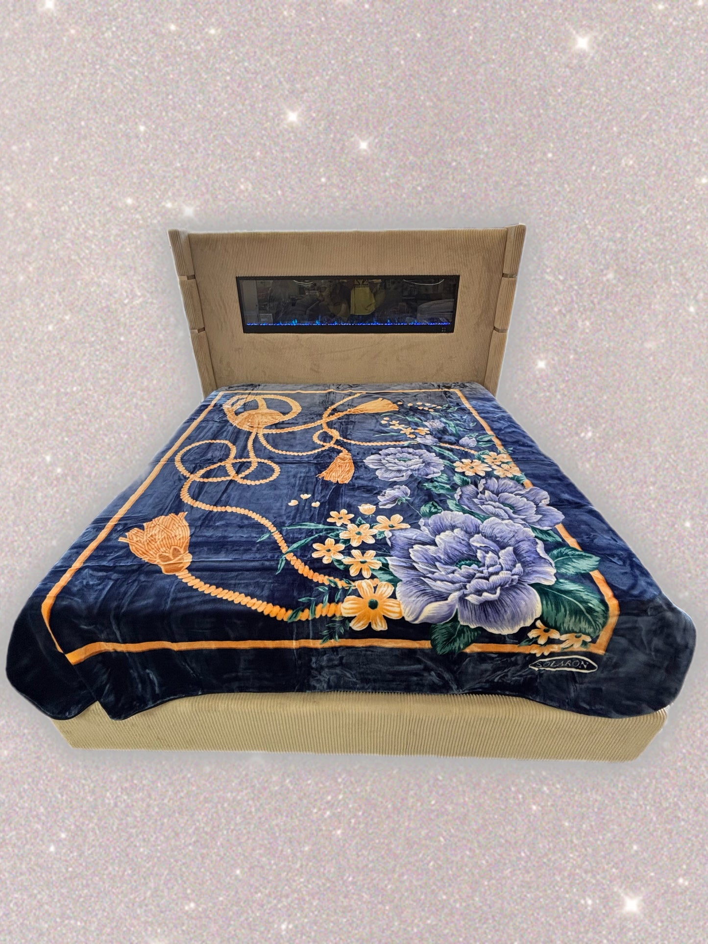 BM269 Solaron Blanket Korean Mink - Flowers & Tassels Blue