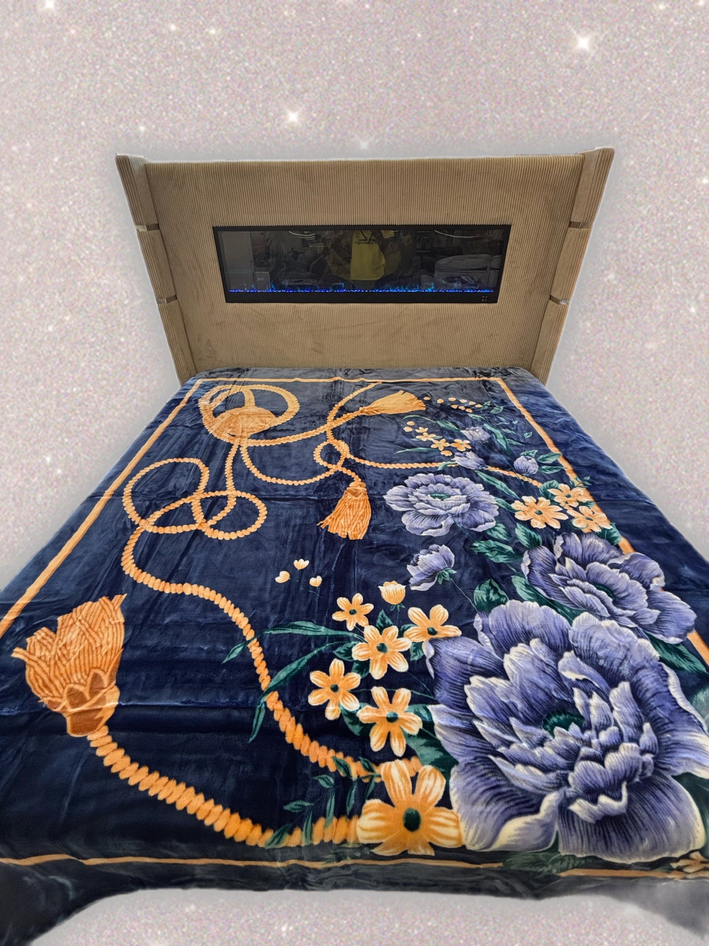 BM269 Solaron Blanket Korean Mink - Flowers & Tassels Blue