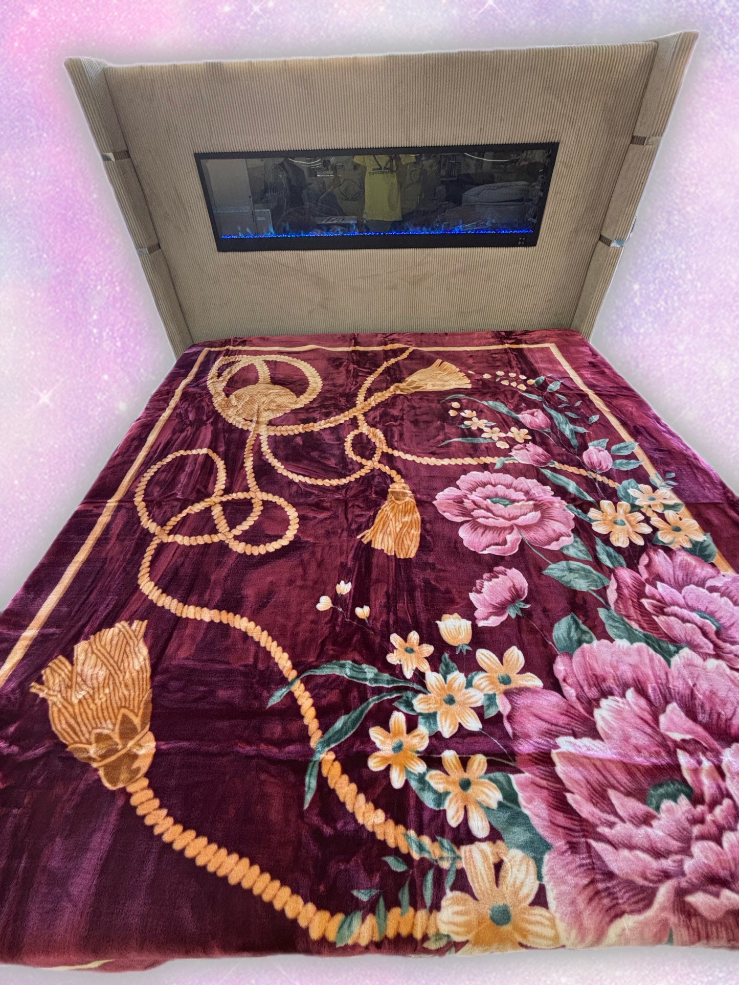 BM269 Solaron Blanket Korean Mink - Flowers & Tassels Maroon