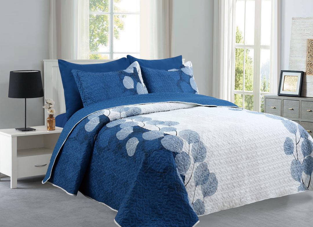 Leaves Blue & White- 6PCS Quilt Set Reversible Bedspread