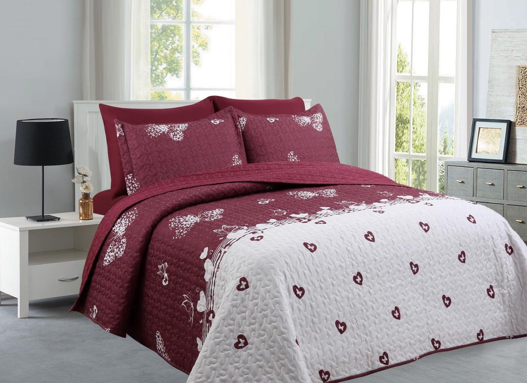 Butterfly Burgundy & White- 6PCS Quilt Set Reversible Bedspread