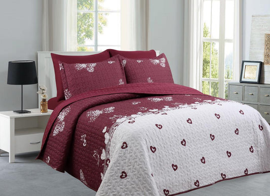 Butterfly Burgundy & White- 6PCS Quilt Set Reversible Bedspread