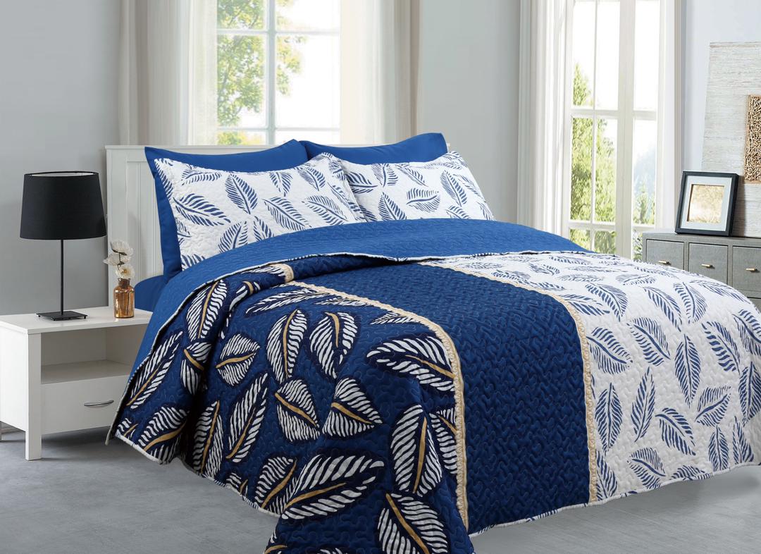 Leaves Blue- 6PCS Quilt Set Reversible Bedspread