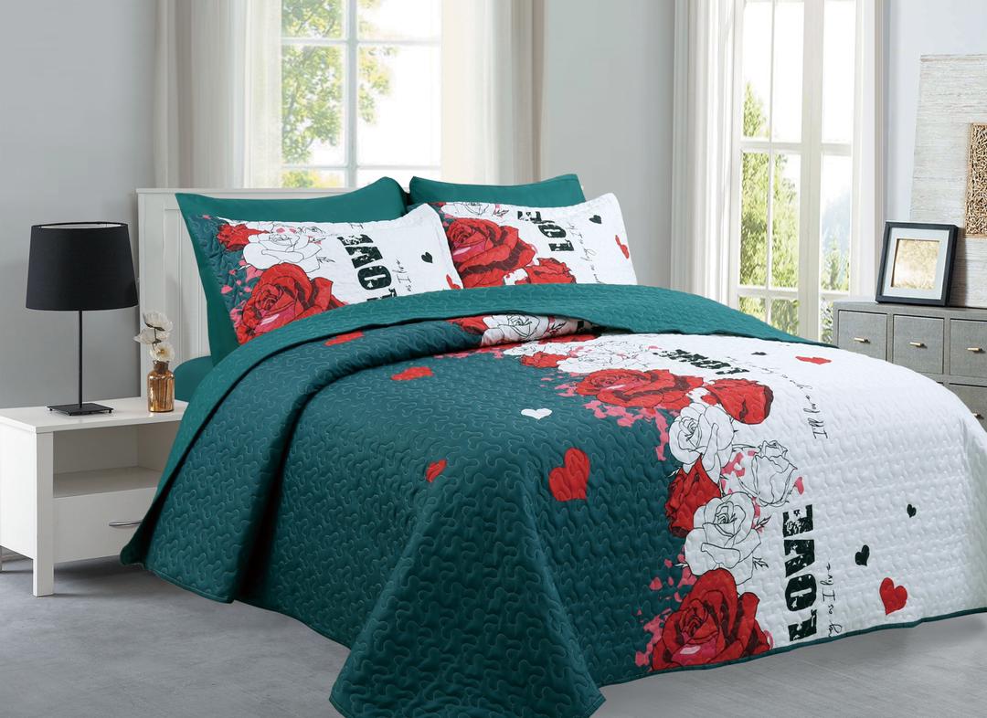 Roses Love Teal & White- 6PCS Quilt Set Reversible Bedspread