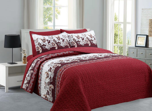 Burgundy Vine Flowers- 6PCS Quilt Set Reversible Bedspread