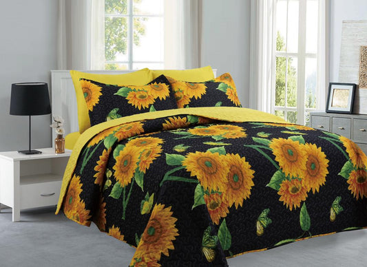 Sunflower Black- 6PCS Quilt Set Reversible Bedspread
