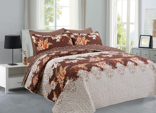Floral Brown & Beige- 6PCS Quilt Set Reversible Bedspread