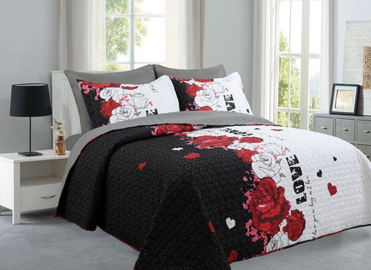 Roses Love Black & White- 6PCS Quilt Set Reversible Bedspread