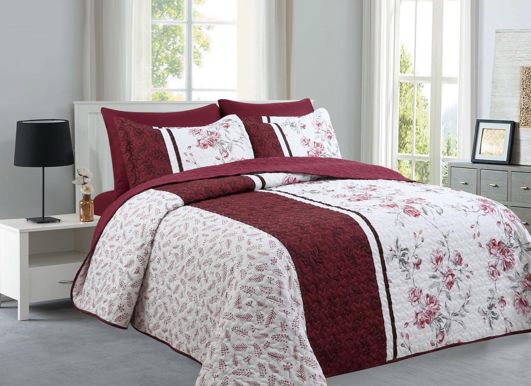 Burgundy Floral- 6PCS Quilt Set Reversible Bedspread